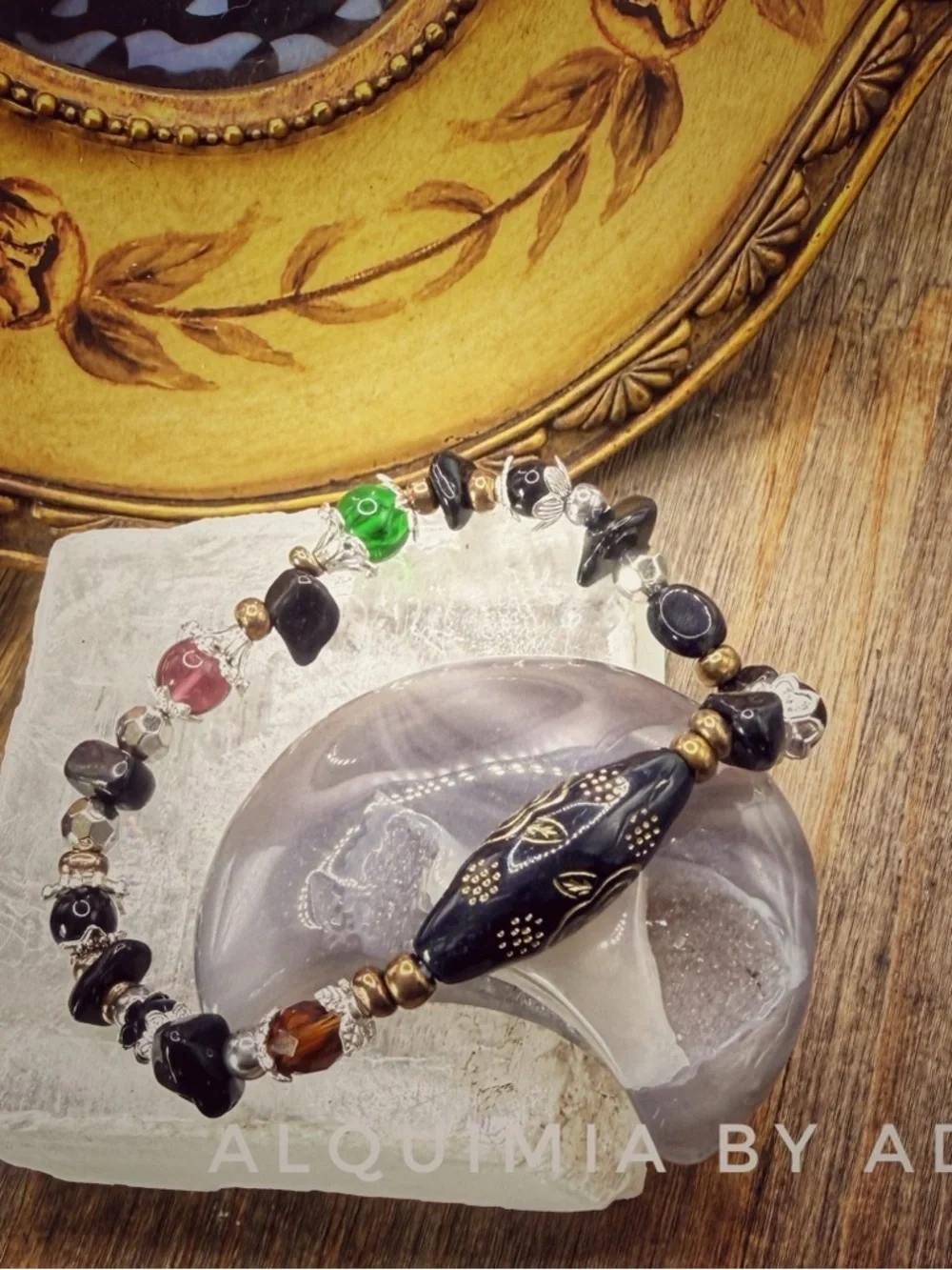 MONUMENTAL + Dainty gold + BLACK ONYX + glass bracelet stack